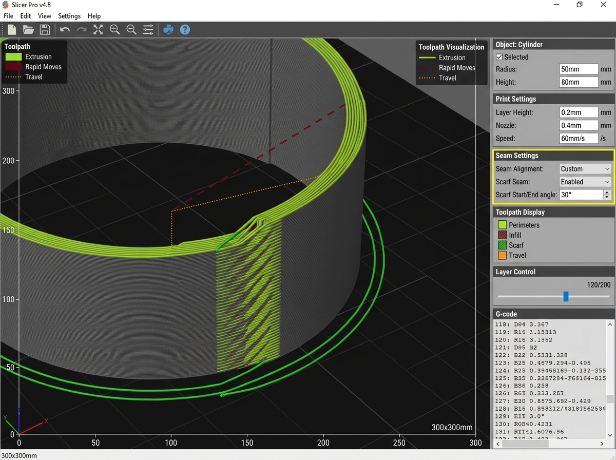 Diagram showing Orca Slicer toolpath visualization comparing traditional 90-degree seam stops with overlapping 3D tapered scarf joint seams