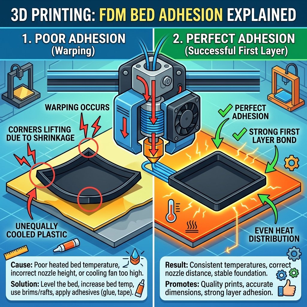 FDM 3D printing bed adhesion infographic cover showing a print warping off a heated bed plate