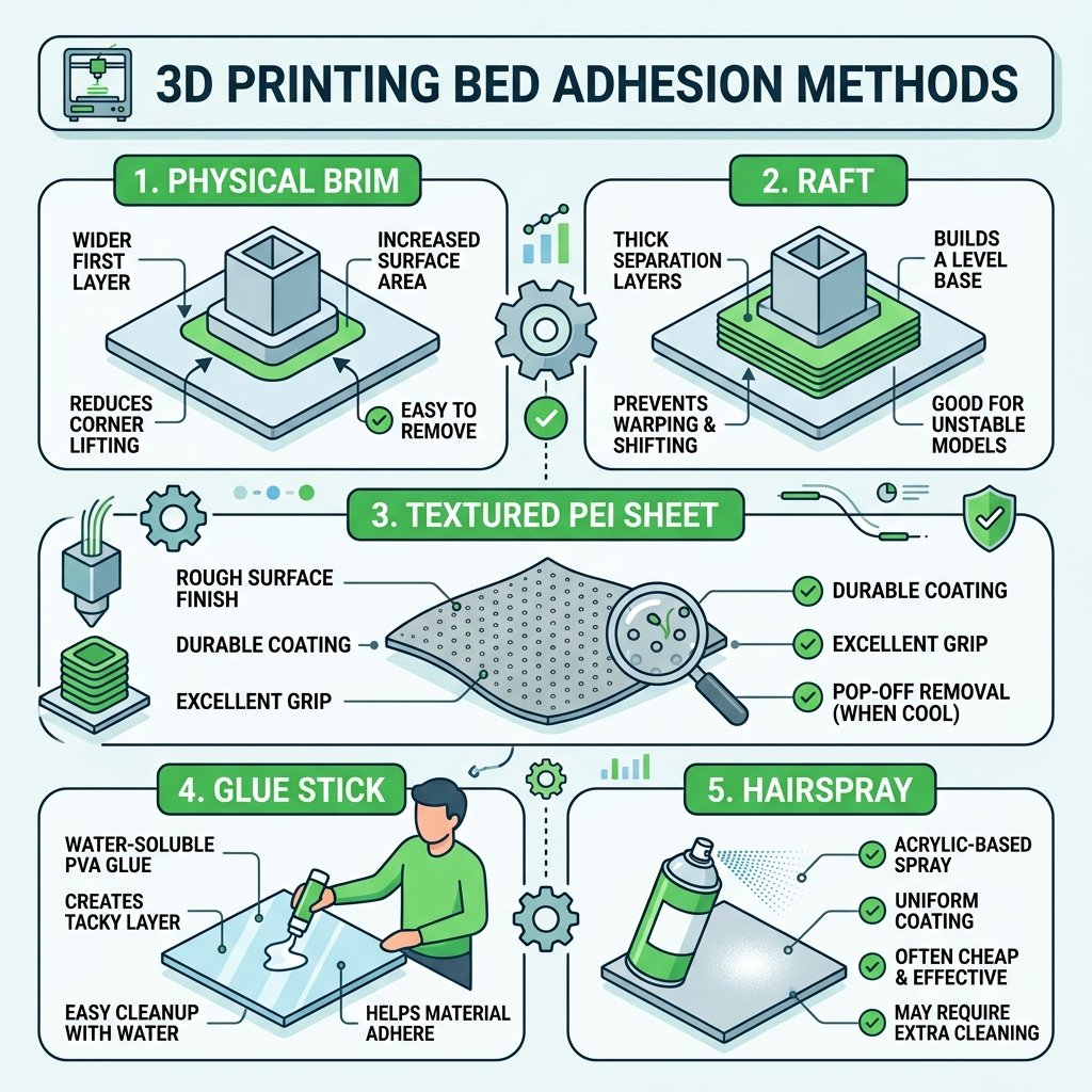 Comparison infographic showing different bed adhesion methods including PEI sheets, glue stick application, and brims