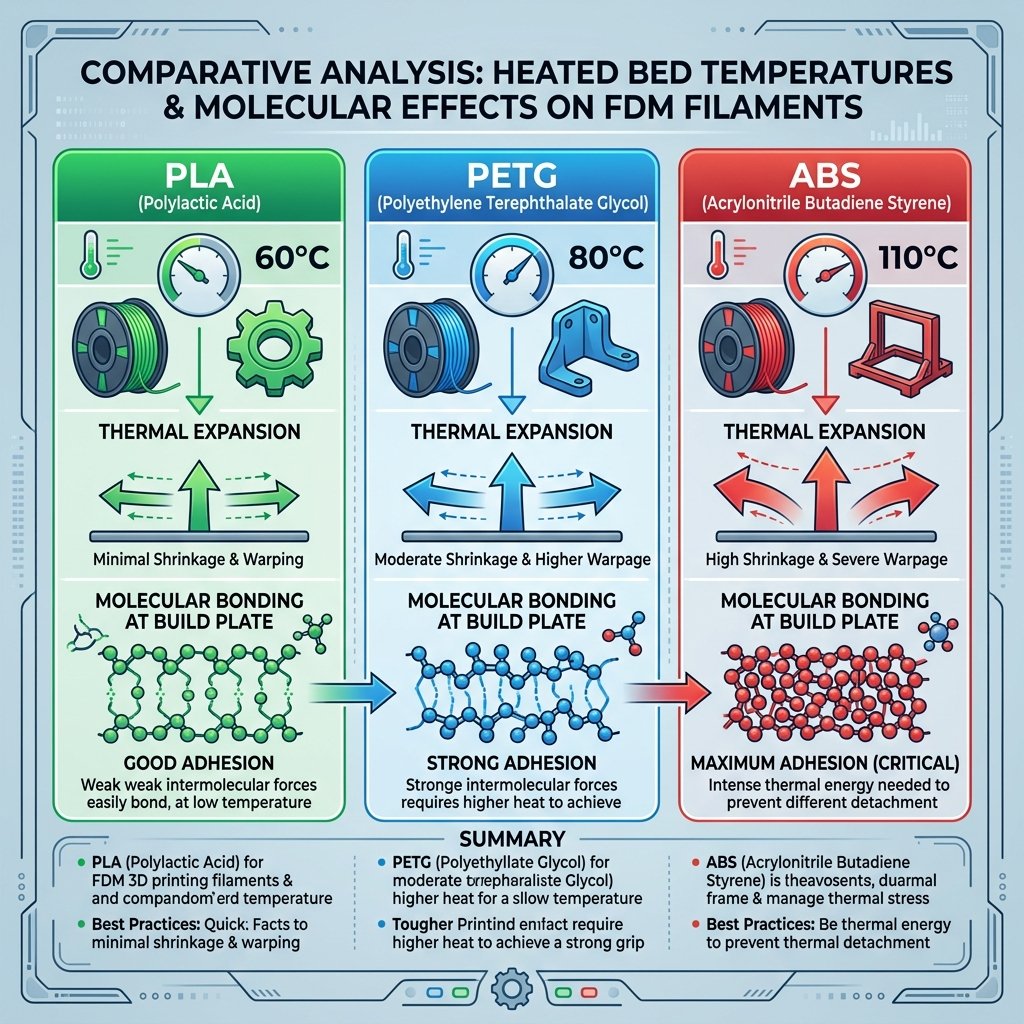 Infographic illustrating heated bed temperatures for PLA, PETG, ABS, and Nylon to prevent warping