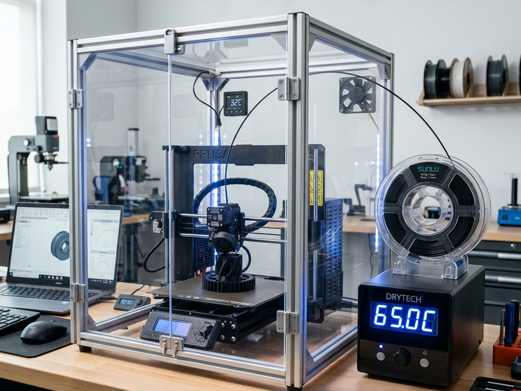 Enclosed chamber FDM 3D printer setup with specialized active filament dryer and dry box storage