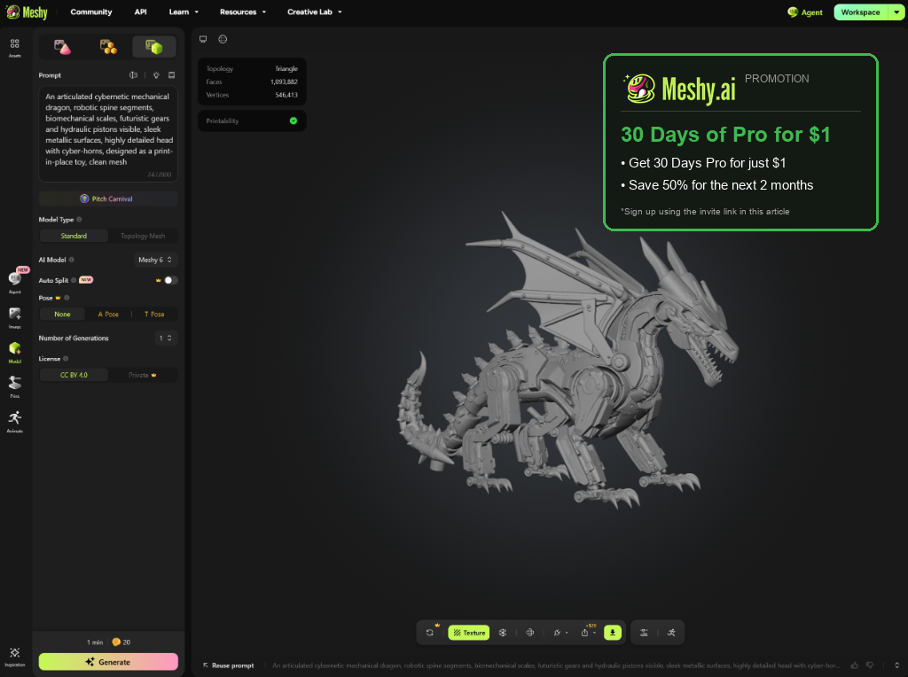 Screenshot of Meshy AI generating a highly detailed 3D model of a sci-fi helmet from a simple text prompt