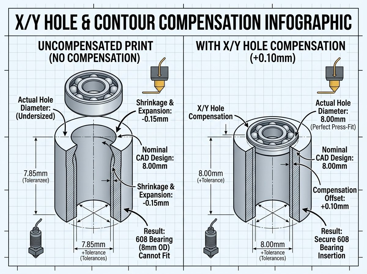 Technical infographic diagram illustrating X/Y Hole and Contour Compensation calibration for press-fit ball bearing hole accuracy in FDM 3D printing