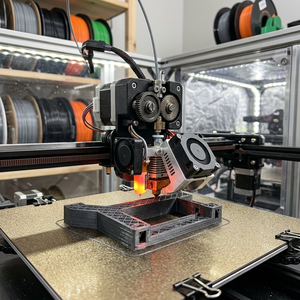 Detailed comparison of FDM 3D printing filament spools with extruder nozzle showing extrusion behaviors