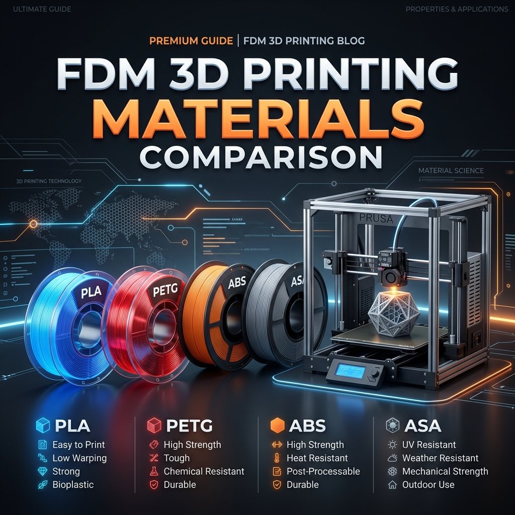 FDM 3D printing materials comparison showing PLA, PETG, ABS, and ASA filament spools cover