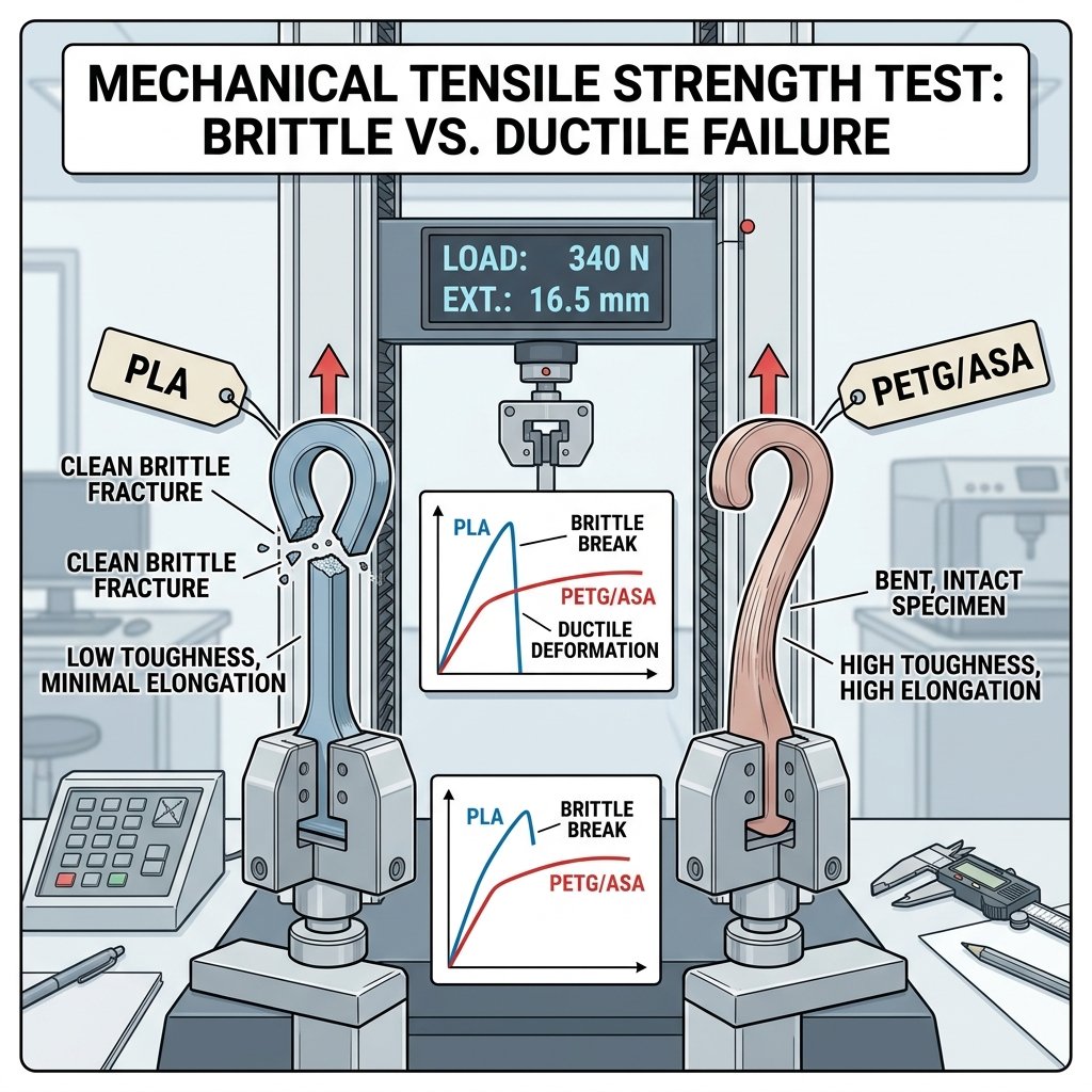 Tensile and mechanical testing of PLA, PETG, ABS, and ASA structural 3D printed parts under load