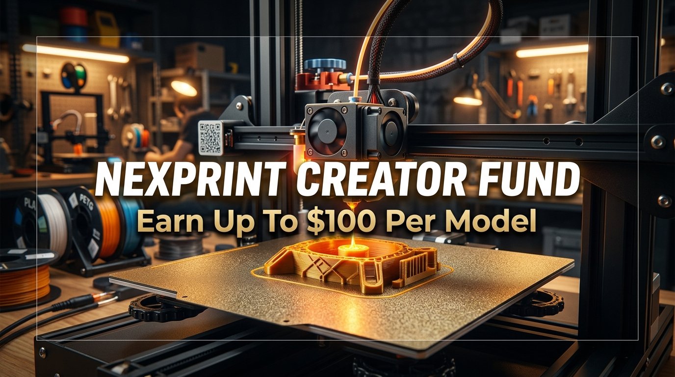 Nexprint Creator Fund banner showing a 3D printer extruding on a textured PEI plate with golden workshop lights and reward details
