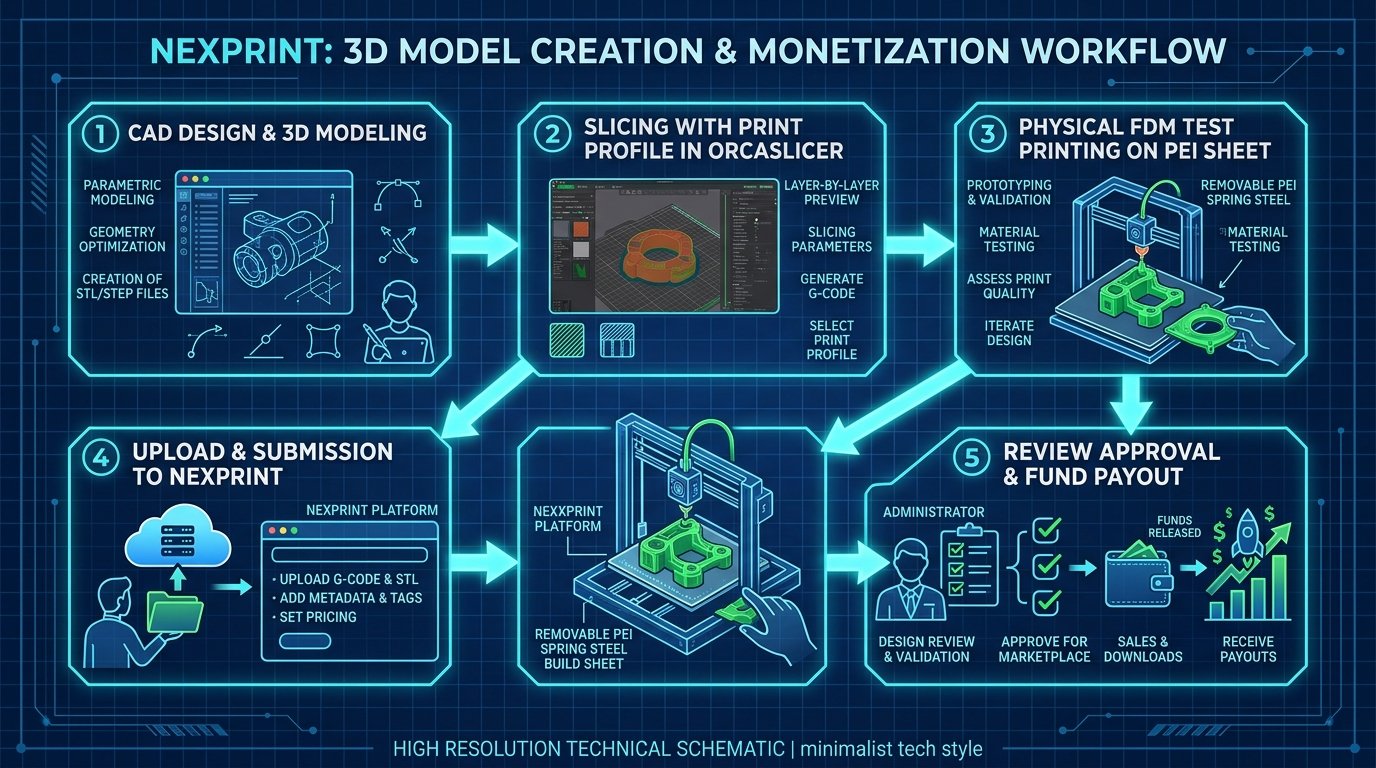 Step-by-step workflow schematic showing design, slicing in OrcaSlicer, physical FDM printing, Nexprint upload, and review payout