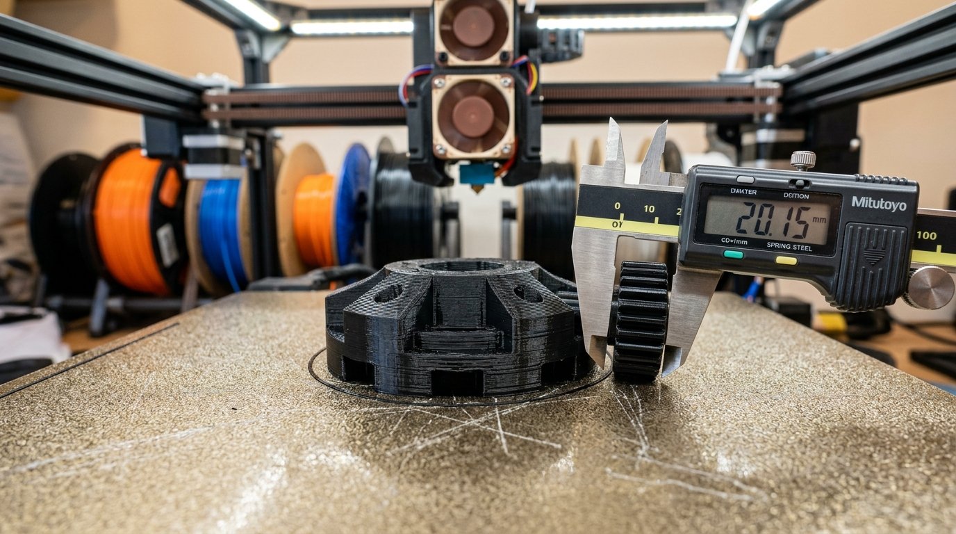 Real physical FDM 3D printed mechanical model measured with digital calipers on a gold textured PEI spring steel build sheet