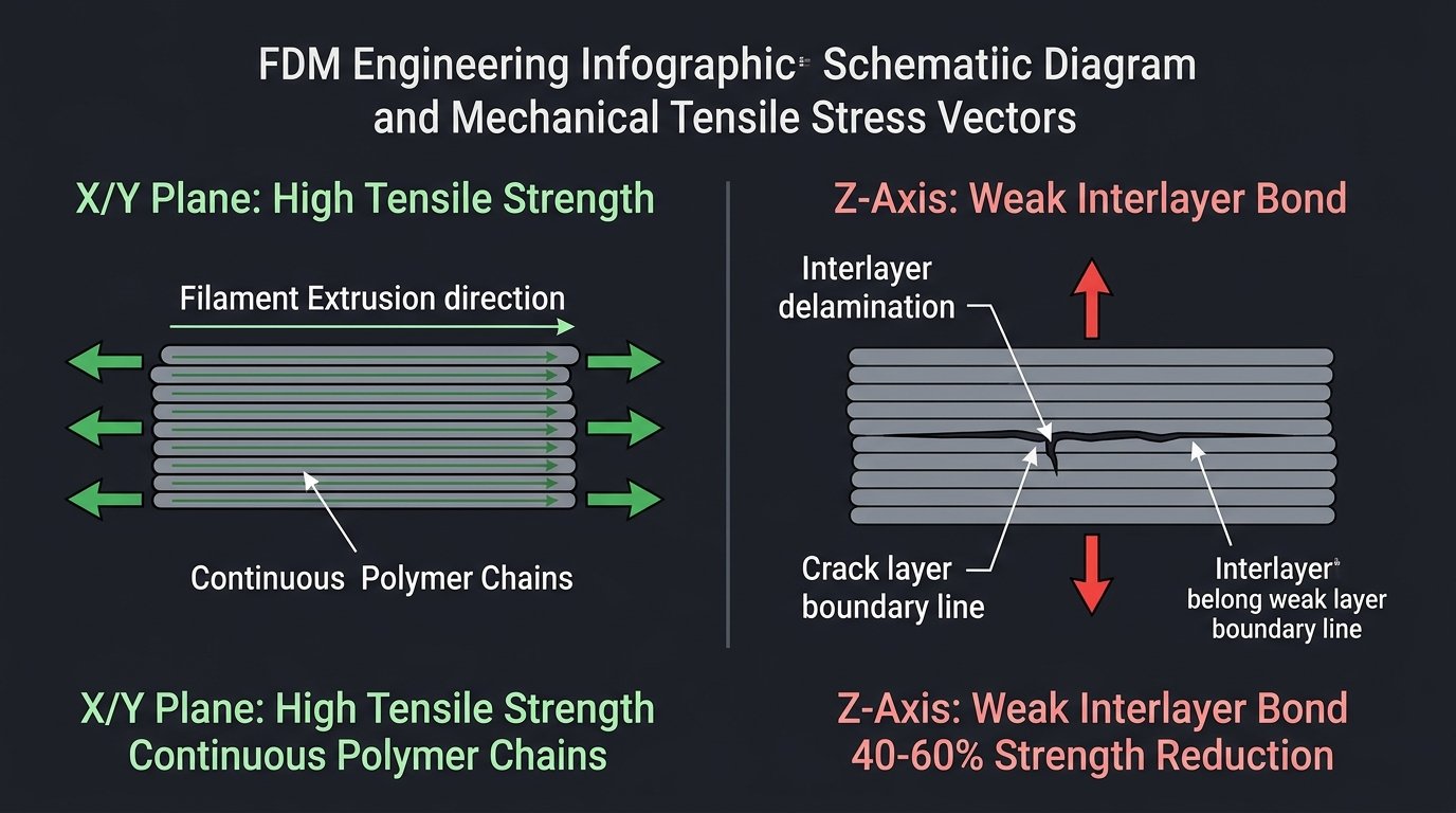 Technical engineering schematic diagram illustrating FDM anisotropy showing continuous molecular chains along the X-Y plane versus weak thermal weld seams along the vertical Z-axis