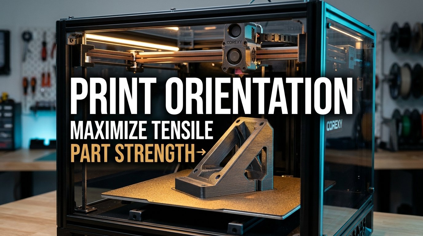 Modern CoreXY FDM 3D printer printing an angled mechanical bracket on a textured PEI plate demonstrating optimal print orientation
