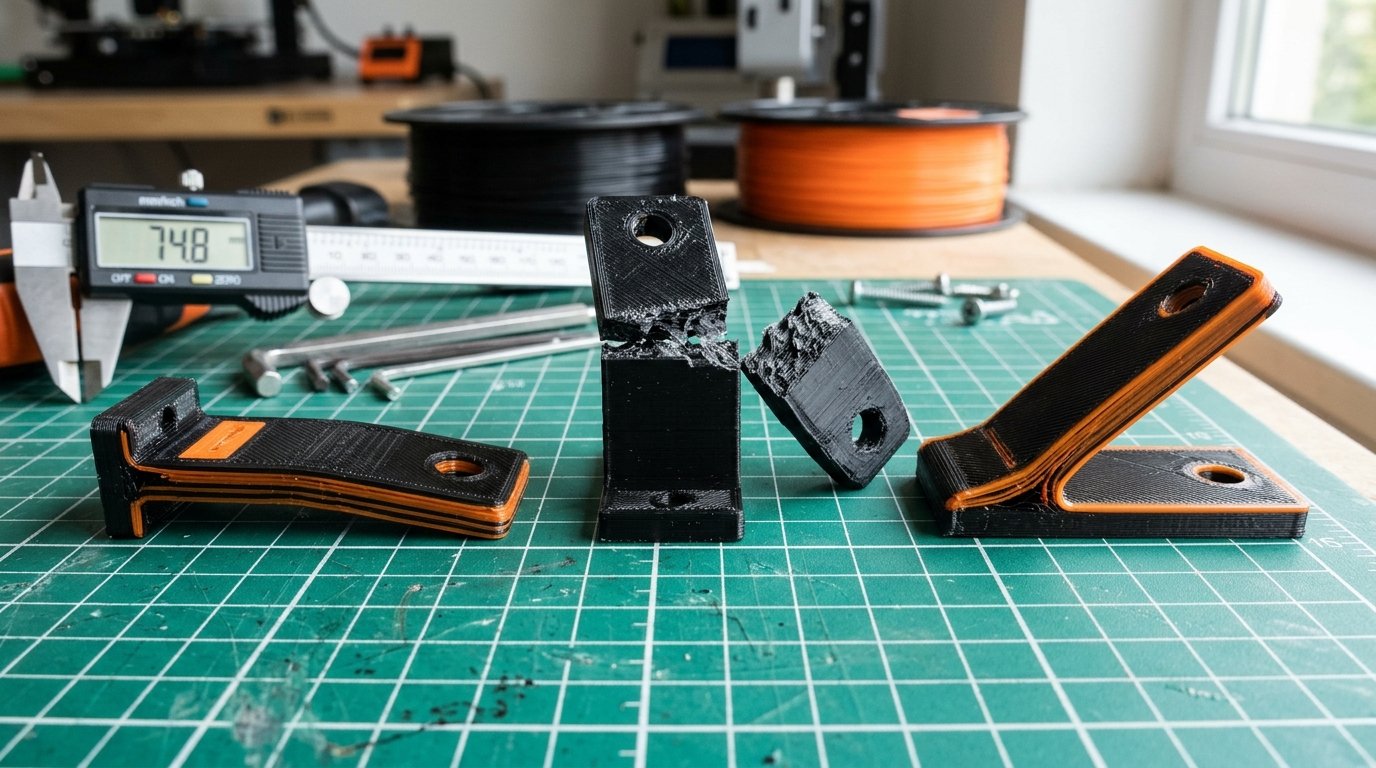 Close up workshop comparison of three 3D printed mechanical test brackets demonstrating failure modes: flat unbroken bracket, upright bracket with brittle layer snap, and 45-degree tilted bracket resisting multi-axis deflection
