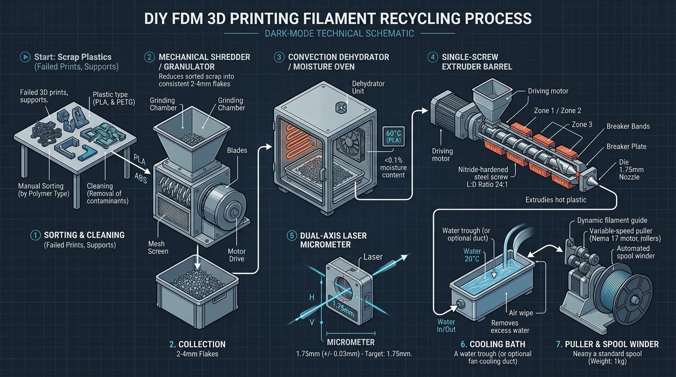 Complete DIY FDM 3D printing filament recycling process diagram showing sorting, mechanical shredder, moisture oven, extruder barrel, laser micrometer, and puller spooler