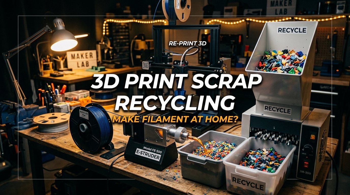 Desktop 3D printing filament recycling setup showing plastic granulator shredder, colorful purge poops, extruder, and spooled recycled filament