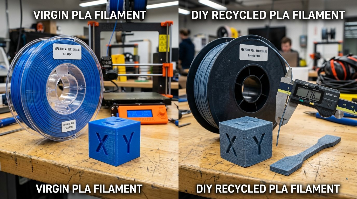 Side-by-side comparison of 100% virgin PLA filament and 3D printed calibration cube against 100% DIY recycled PLA filament measured with digital caliper in workshop lab