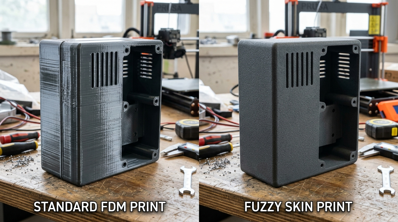 Side by side comparison photograph of two 3D printed mechanical enclosures: one standard print with visible layer steps and one with a uniform matte fuzzy skin finish