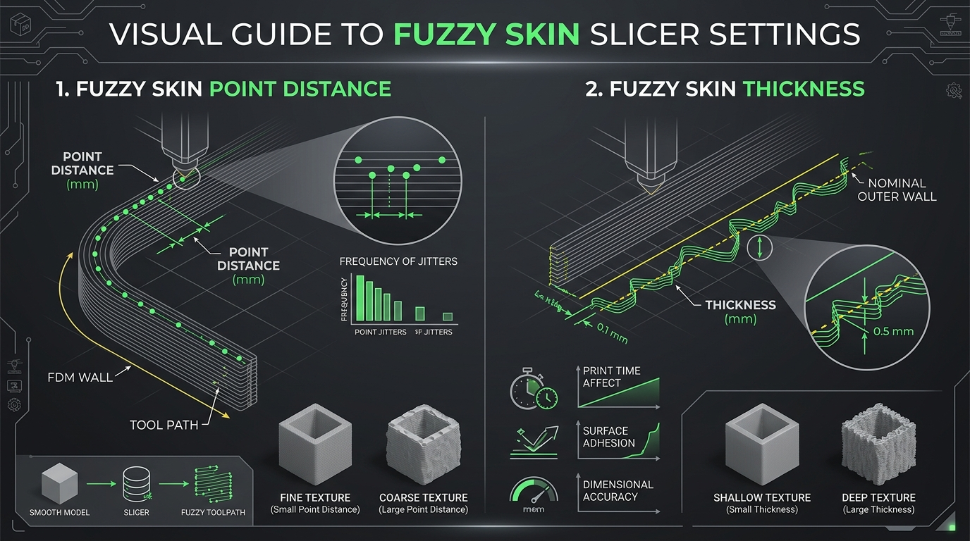 Technical diagram showing nozzle toolpath comparison between smooth linear G-code perimeters and Fuzzy Skin randomized lateral micro-oscillations