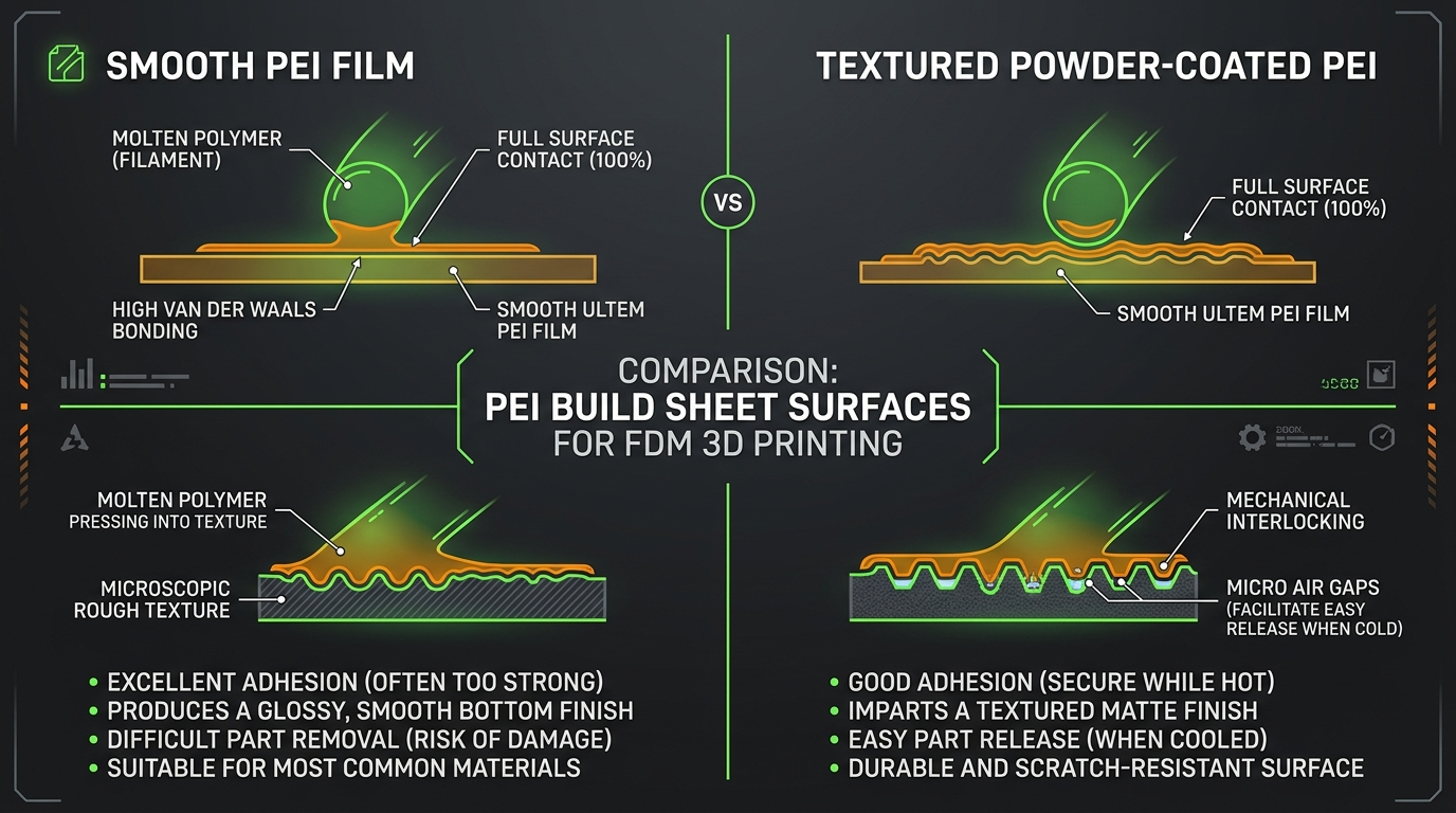 Microscopic technical diagram comparing smooth Ultem PEI film adhesion with powder-coated textured PEI mechanical interlocking in FDM 3D printing