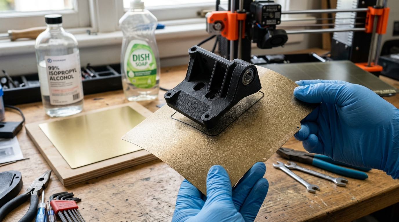 Macro workshop photo showing a functional PETG 3D printed mechanical bracket cleanly releasing from a textured PEI spring steel plate as it flexes