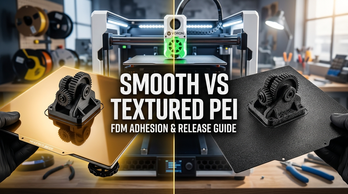 Side-by-side comparison of a glossy smooth PEI build plate and a matte textured powder-coated PEI spring steel sheet on an FDM 3D printer