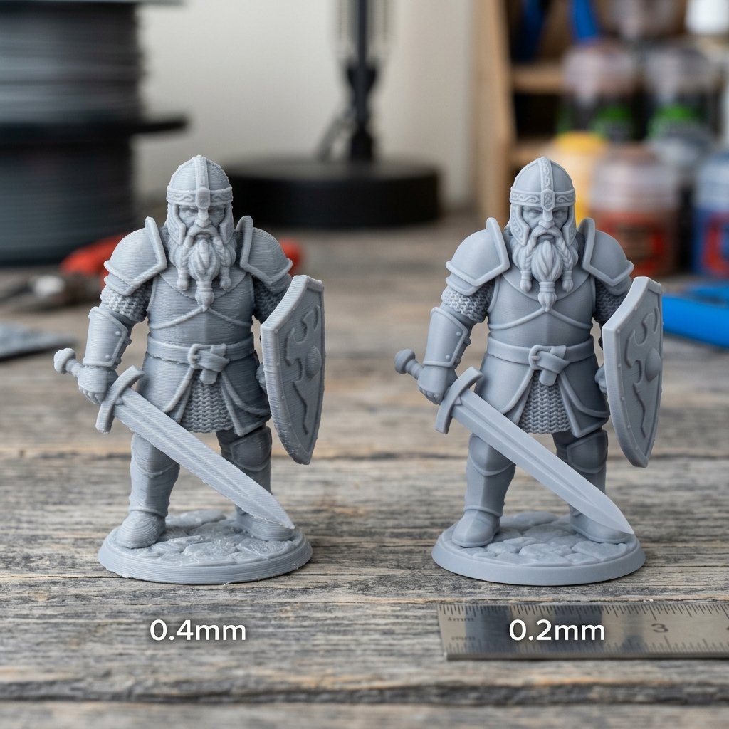 Side-by-side comparison of 3D printed tabletop miniatures printed with 0.4mm standard nozzle showing visible layer lines vs 0.2mm micro nozzle detail with ultra-fine resolution