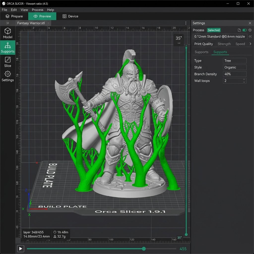 Screenshot of Orca Slicer showing organic tree support structures color-coded in green surrounding a 3D digital model of a tabletop miniature