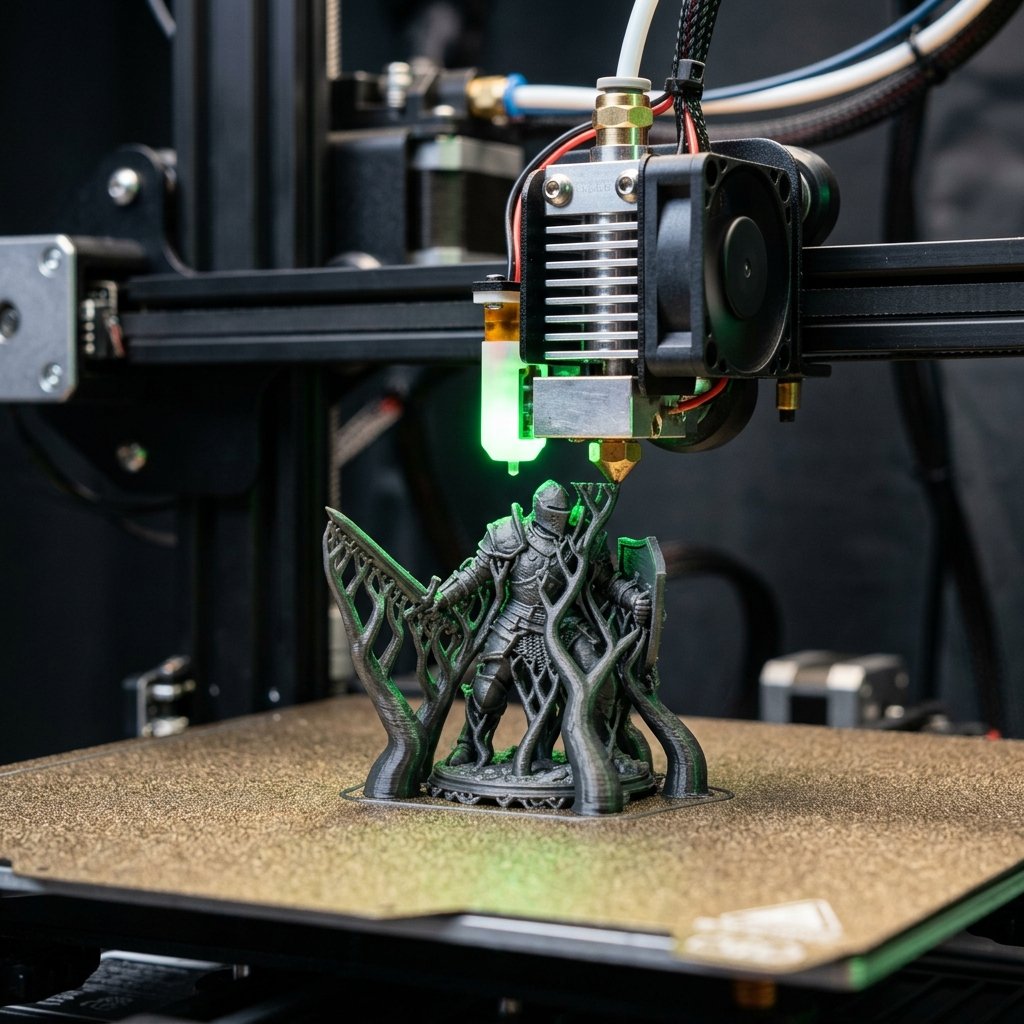 FDM 3D printer customized for high-detail miniatures printing with a tiny 0.2mm brass nozzle and dense organic tree supports on a heated build plate