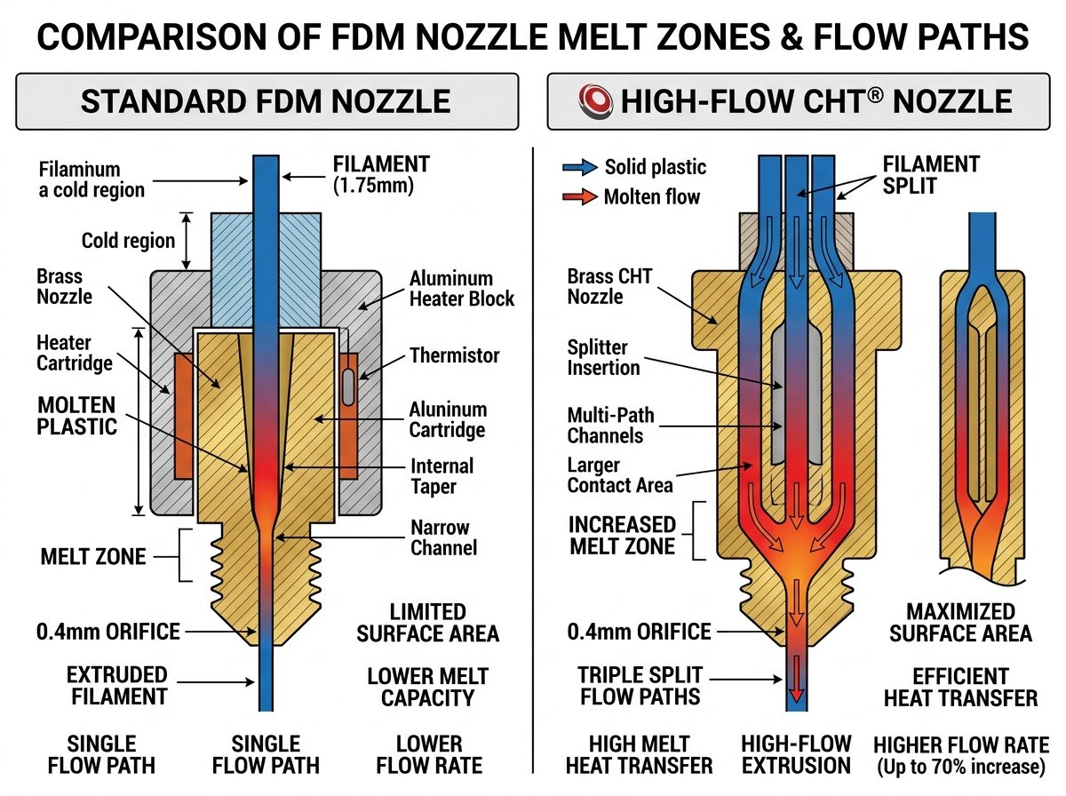Comparison schematic of standard FDM nozzle and high-flow CHT nozzle showing internal split filament flow