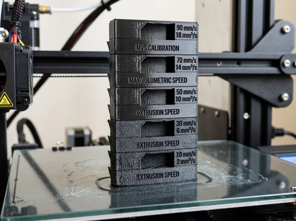 OrcaSlicer Max Volumetric Flow calibration test print displaying gloss transition and surface defects