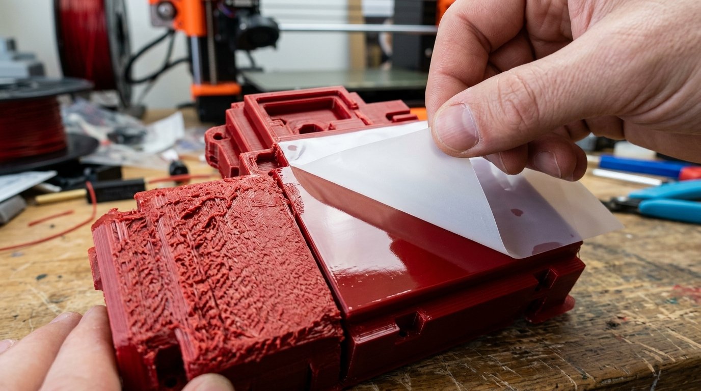 Macro photograph of a maker peeling a thin white PETG support interface sheet off a red PLA 3D printed model by hand, revealing a smooth bottom surface