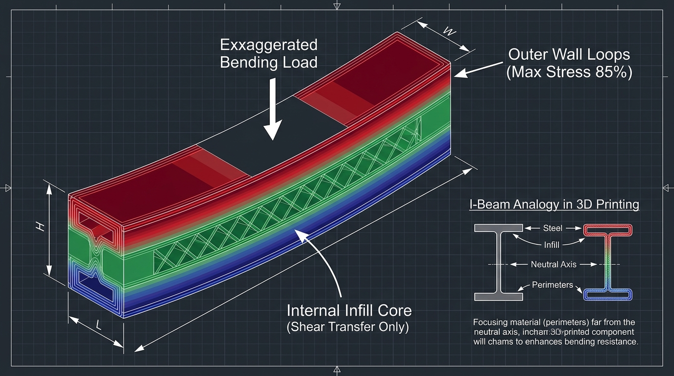 Technical 2D engineering diagram showing cross-section stress distribution under bending load, outer tension and compression skin vs neutral axis