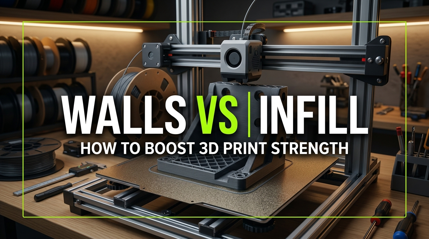 Walls vs Infill 3D printing comparison showing perimeter wall loops on a structural bracket printed on a modern FDM 3D printer