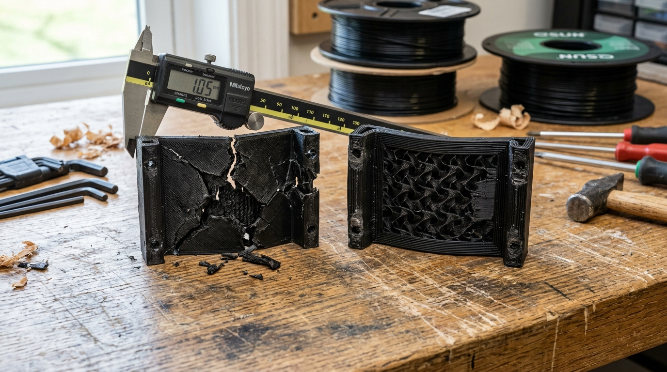 Macro realistic workshop photograph of two 3D printed mechanical test brackets after destructive load testing on a maker workbench