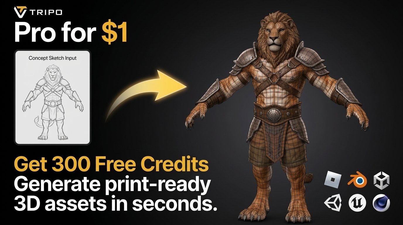 Tripo AI: Pro for $1 & 300 Free Credits